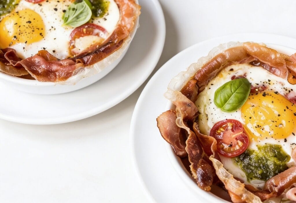 Frühstücks-Bowl aus der Mikrowelle mit Ei, Schinken, Käse und Basilikum