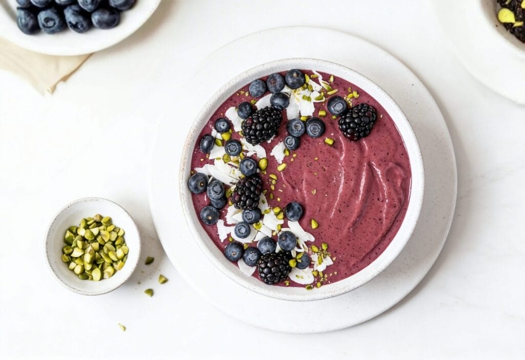 Blaubeeren Bananen Smoothie Bowl mit frischen Beeren und Granola