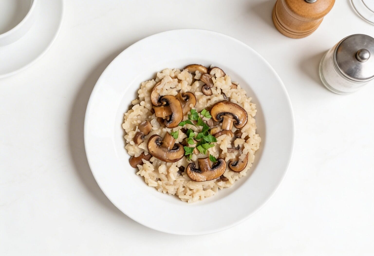 Risotto mit braunen Champignons und Auberginen cremig angerichtet